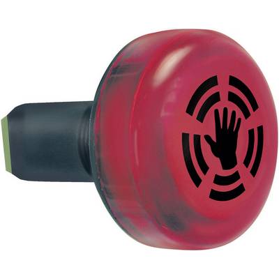 Bouton d'arrêt d'urgence rouge avec un symbole de main et des lignes circulaires ; pour l'arrêt d'urgence des machines.