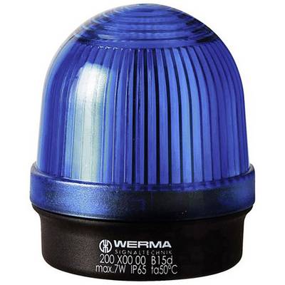 Voyant d'avertissement bleu avec couvercle strié, fabriqué par WERMA, portant des spécifications techniques sur sa base.