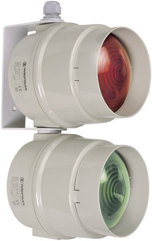 Deux feux lumineux superposés : rouge en haut, vert en bas. Les deux sont montés dans des boîtiers métalliques fixés au mur.