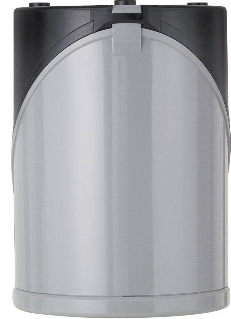 Récipient cylindrique gris en plastique avec couvercle noir.