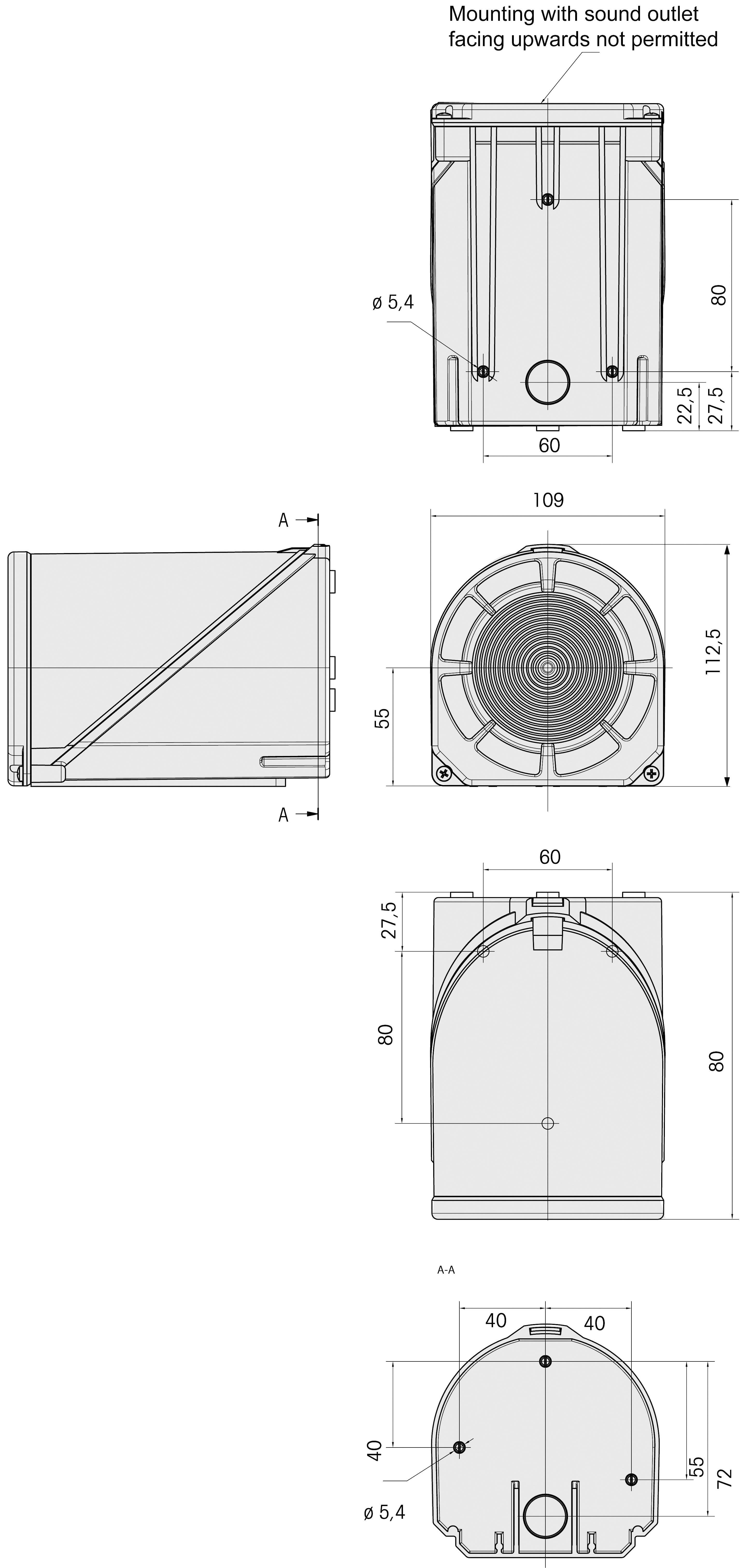 Dessin technique d'un appareil avec dimensions en millimètres, montrant les vues de face, de côté et de dessus. Indication de montage : « Montage avec la sortie sonore orientée vers le haut non autorisé ».