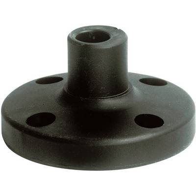 Une plaque métallique noire, ronde, avec un accessoire cylindrique central et quatre trous, probablement partie d'un système de fixation.
