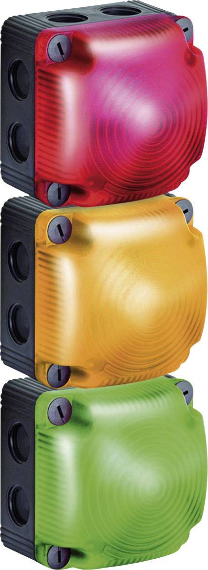 Trois luminaires empilés en rouge, orange et vert. Chaque luminaire possède un boîtier carré texturé avec des coins arrondis.