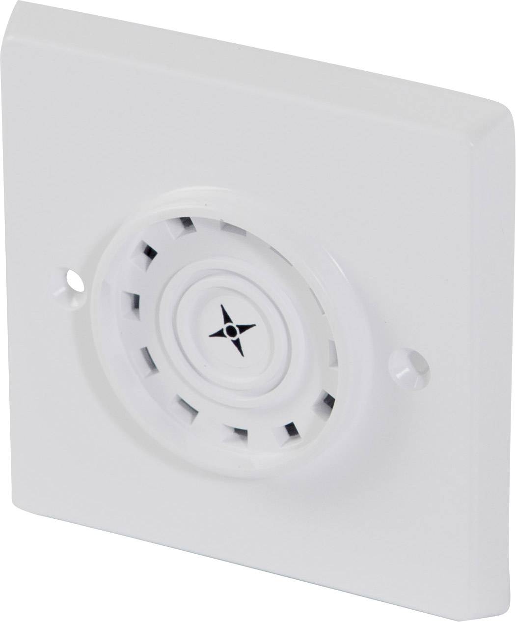 Un ventilateur électrique blanc dans un boîtier carré fixé au mur.