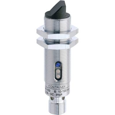 Un capteur cylindrique de Contrinex avec boîtier métallique, équipé d'un marquage bleu et argenté, probablement destiné à des applications industrielles.