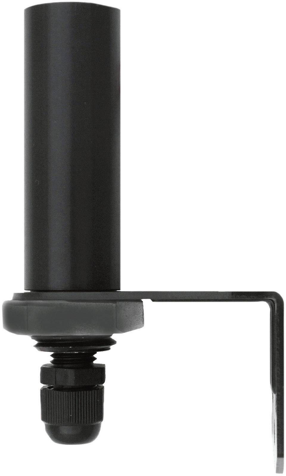 Un capteur noir cylindrique monté sur un support angulaire, adapté aux applications industrielles ou aux commandes de machines.