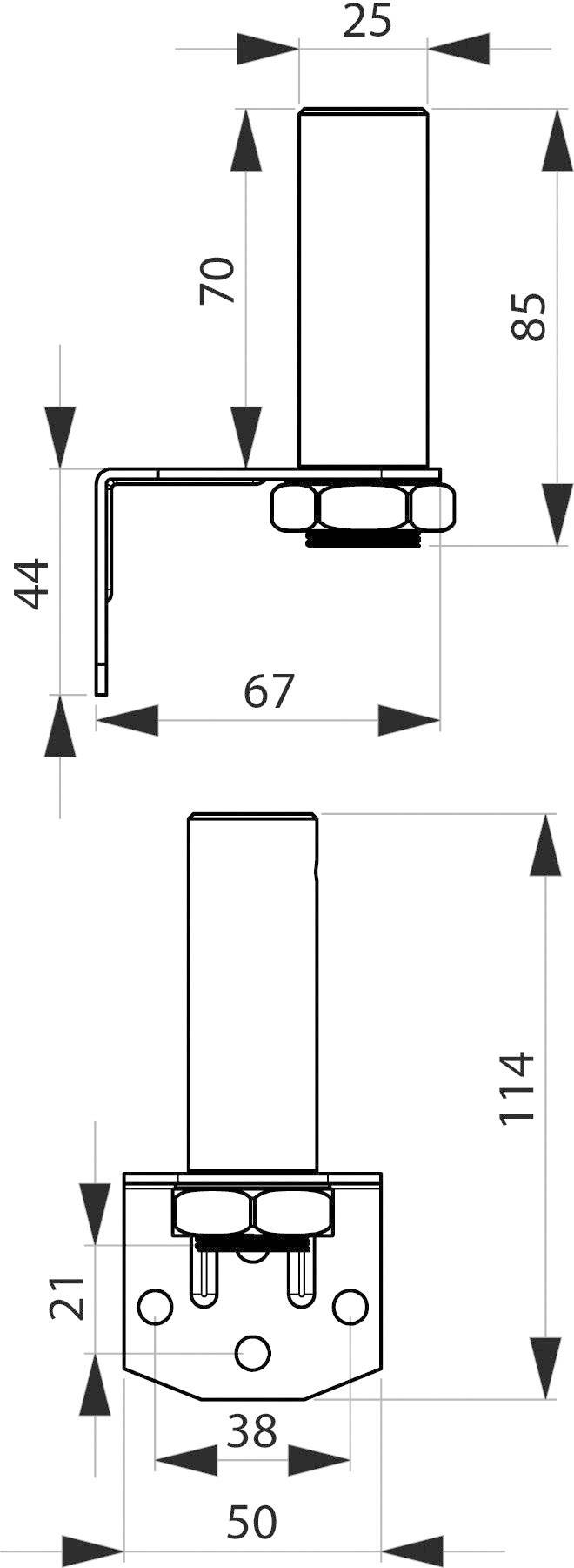 Dessin technique d'un composant. En haut : Vue latérale avec dimensions 25, 70, 85 mm, largeur 67 mm, hauteur 44 mm. En bas : Vue de face avec dimensions 21, 50 mm, largeur 38 mm, hauteur 114 mm.