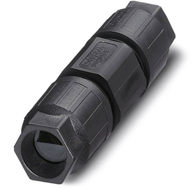 Un connecteur noir cylindrique en plastique avec des extrémités hexagonales. Il sert à relier deux câbles.