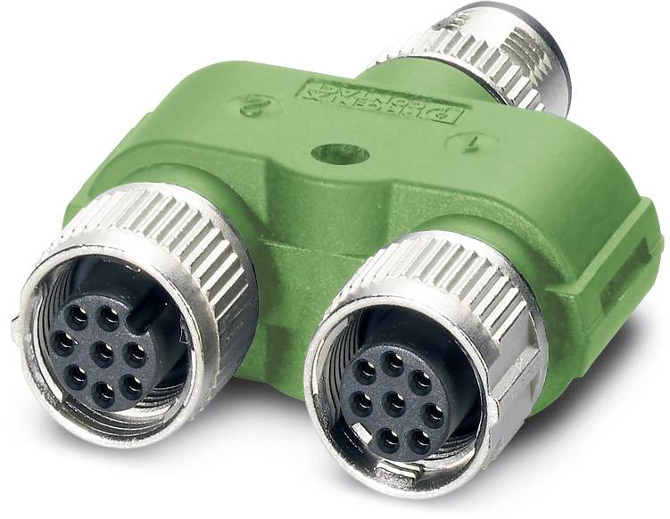 Adaptateur électrique vert à deux prises, avec filetages métalliques, utilisé pour les connexions industrielles.