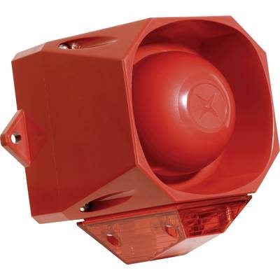 Dispositif de signalisation d'alarme rouge, hexagonal, équipé d'une sirène et d'un signal lumineux situé en dessous, fréquemment utilisé dans des situations d'urgence.