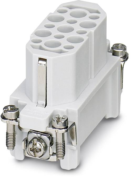 Un connecteur électrique blanc avec plusieurs bornes de connexion et des vis de fixation.