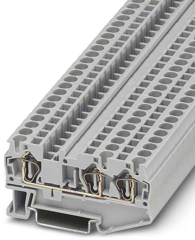 Barrette de connexion électrique grise avec plusieurs bornes, vue de côté. Utilisée dans les armoires électriques pour connecter des fils.