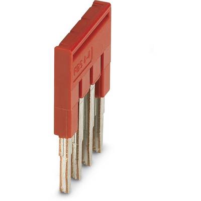 Un connecteur de pont enfichable rouge avec quatre contacts métalliques, adapté aux connexions électriques sur circuits imprimés.