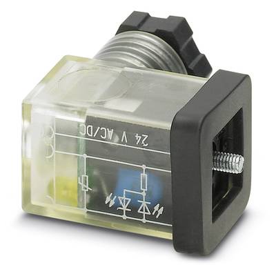 Un composant électrique transparent avec vis et diode, étiqueté '24 V CA/CC'. Des composants de commutation sont visibles à l'intérieur.