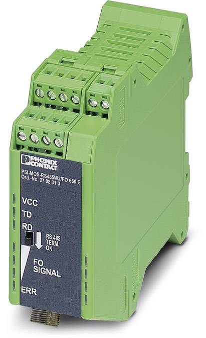 Module électronique vert avec impression de marque, connexions en haut. Utilisé pour le traitement de signaux dans des applications industrielles.