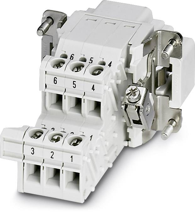 Barrette de bornes blanche à 6 pôles avec connexions à vis, numérotée de 1 à 6, adaptée aux câblages électriques.