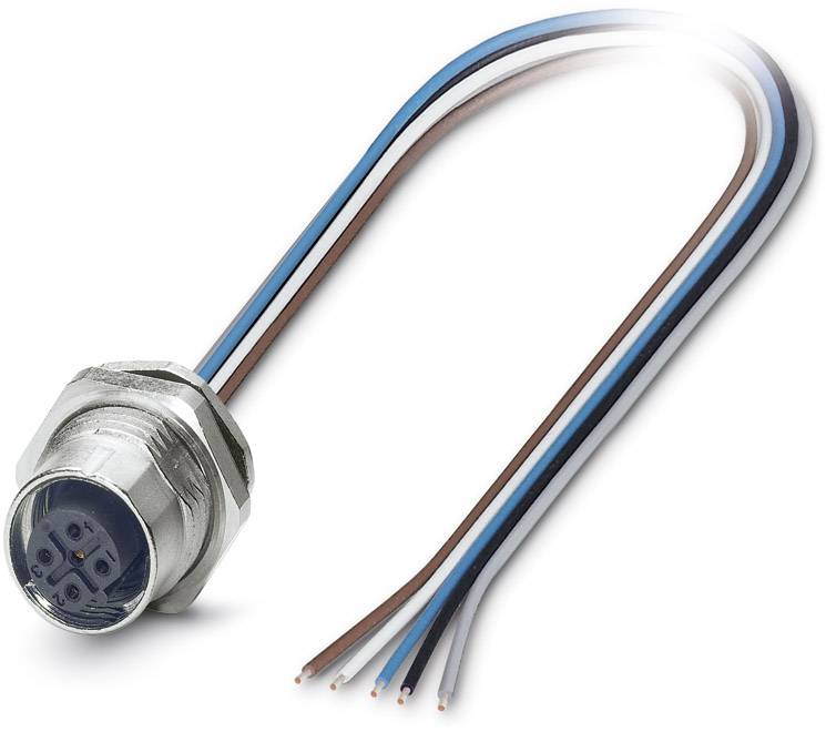 Une fiche métallique avec cinq extrémités de câbles ouvertes, chacune dans une couleur différente, pour des connexions électriques.