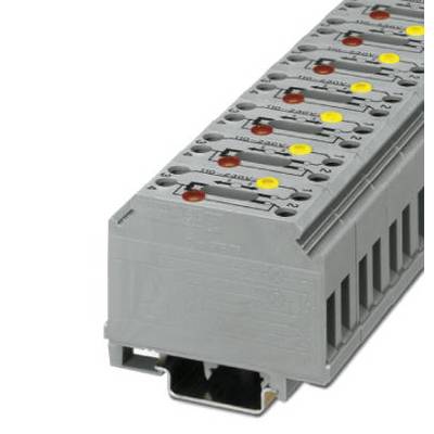 Bloc de bornes électrique gris en série avec plusieurs connexions et des voyants LED rouges et jaunes.