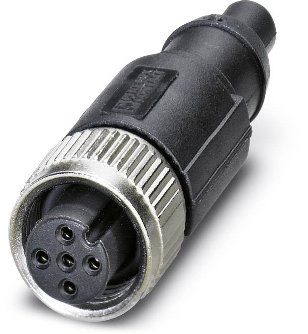 Connecteur M12 noir avec verrou à vis argenté, présentant cinq broches sur la face avant, adapté aux applications industrielles.