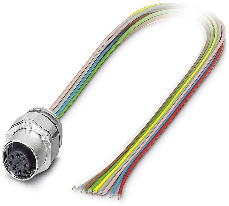 Connecteur argenté avec plusieurs câbles de couleurs sortant, sur un fond blanc.