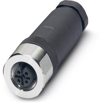 Un connecteur noir, cylindrique, avec un support métallique argenté et plusieurs points de contact sur le côté de connexion.