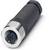 Un connecteur noir, cylindrique, avec un support métallique argenté et plusieurs points de contact sur le côté de connexion.