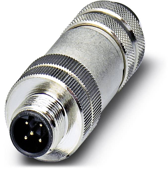 Connecteur électrique cylindrique argenté à broches multiples, utilisé pour relier des appareils électriques.