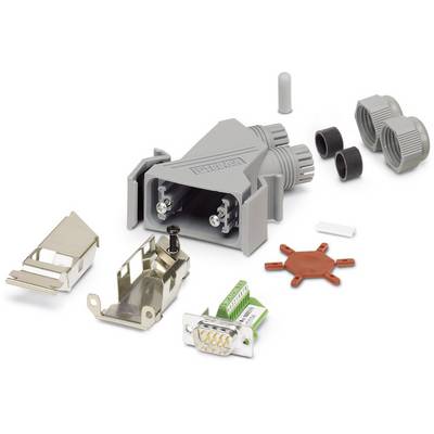 Ensemble de connecteurs avec plusieurs composants : boîtier, attaches métalliques, connecteur D-Sub, capots de protection et pièces de joints.