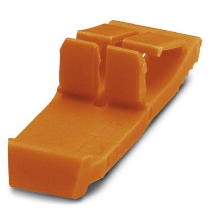 Clip en plastique orange avec structure de crochet, probablement utilisé pour la fixation ou comme élément de connexion dans des applications techniques.