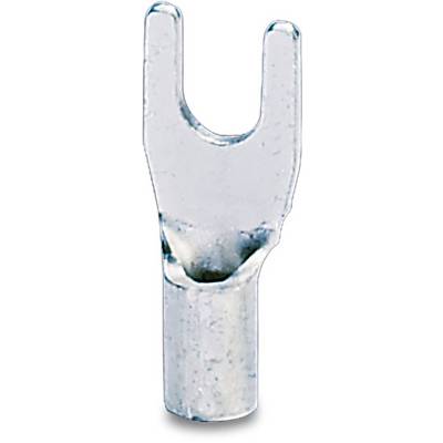 Un cosse de câble en argent, de forme métallique et rectangulaire, utilisée pour les connexions électriques et la fixation sur des bornes à vis.