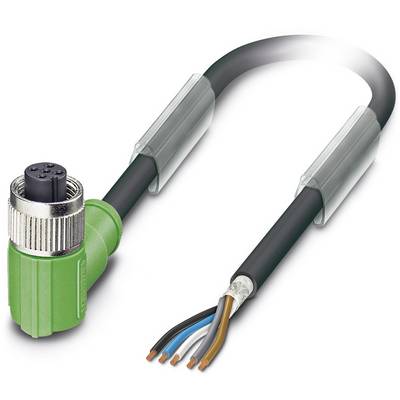 Un câble connecteur femelle coudé vert avec quatre fils apparents colorés. Adapté pour les connexions électroniques.