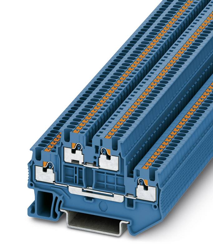Quatre bornes de connexion bleues avec des éléments orange, montées sur un rail métallique, adaptées aux câblages industriels.