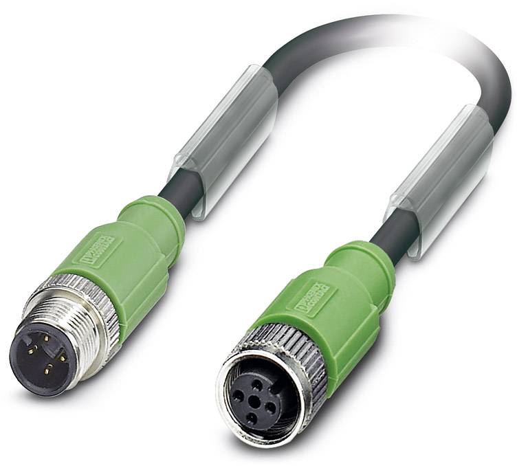 Une paire de connecteurs M12 verts, mâle et femelle, sert à connecter des appareils électriques, avec des points de contact métalliques.