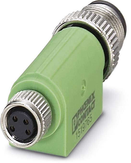 Un connecteur vert en forme de L avec un filetage métallique et quatre broches, à côté du logo d'une entreprise électronique réputée.