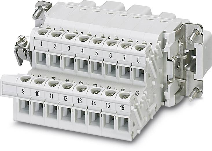 Une barrette de connexion électrique blanche à 16 bornes, avec des connexions numérotées et des raccordements à vis.