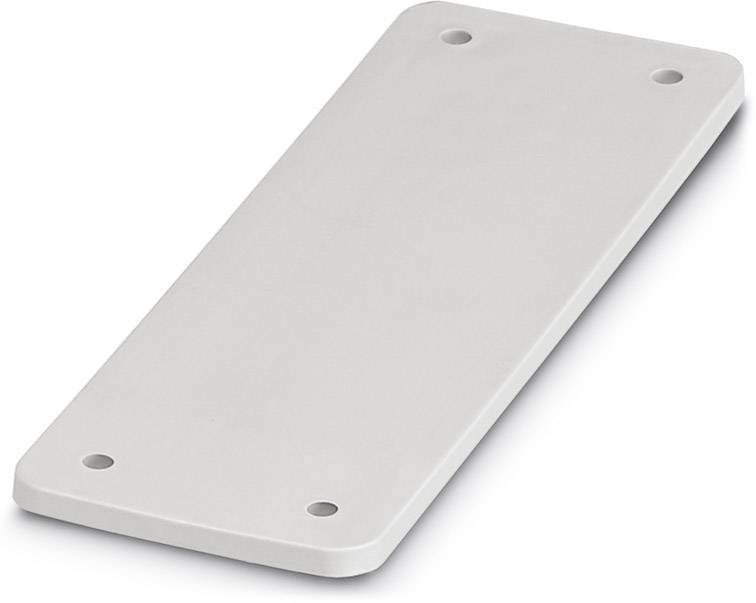 Une plaque métallique rectangulaire grise avec quatre trous aux coins.
