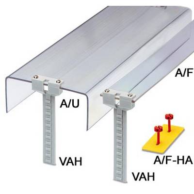 Système en aluminium pour la fixation de plaques. Présente deux profils de montage étiquetés 'A/U VAH' et 'A/F VAH', ainsi que des vis sur un socle jaune.