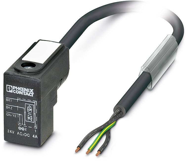 Connecteur de capteur électrique avec câble noir et étiquette 'PHOENIX CONTACT', montrant les bornes de polarité pour une source d'alimentation 24V.