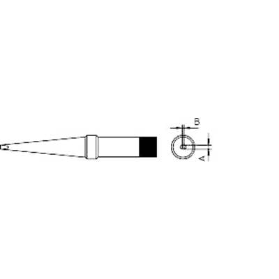 Dessin technique d'un objet cylindrique à extrémité conique, vue de dessus et vue latérale, avec dimensions A et B.