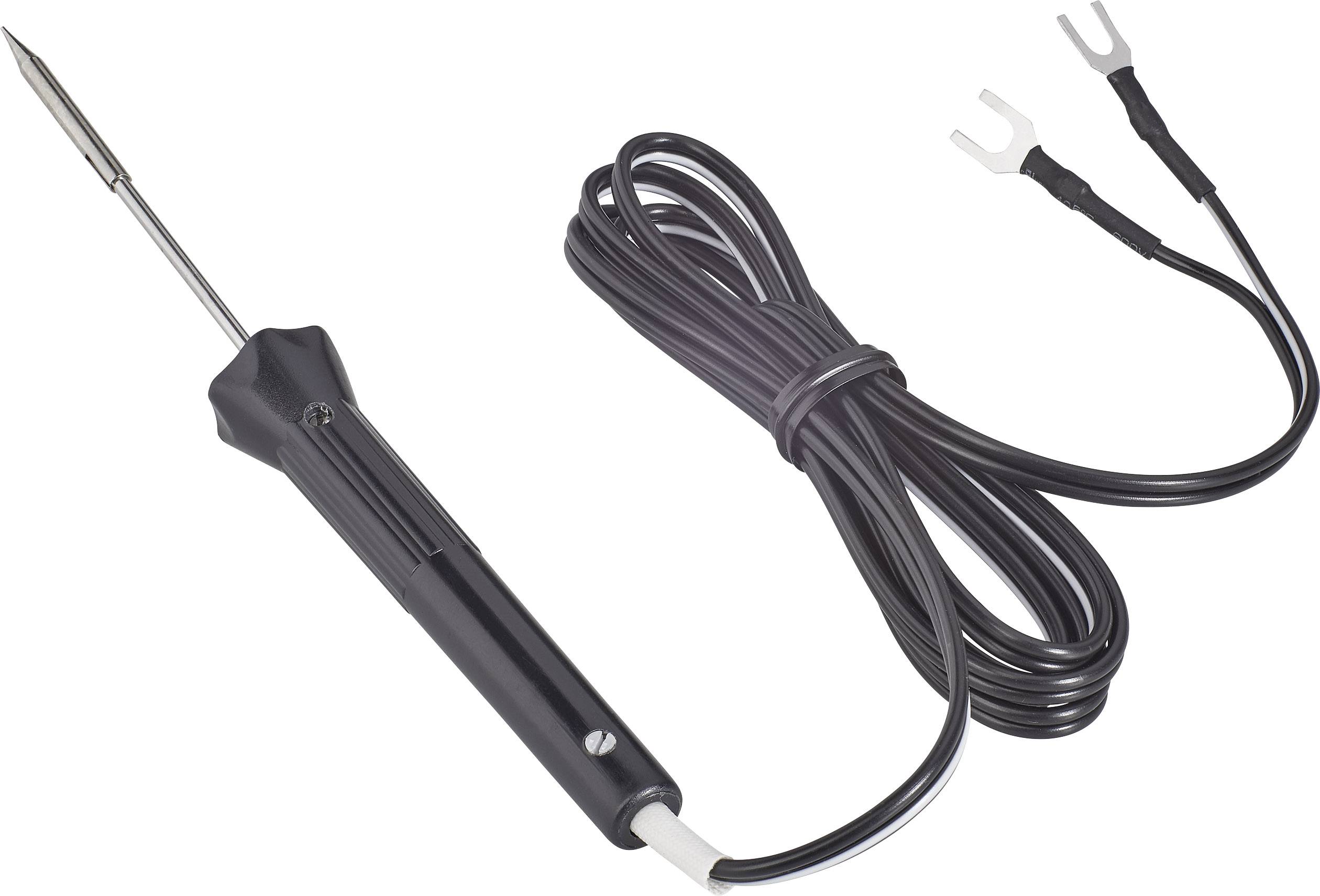 Un fer à souder noir avec un long câble et deux fiches de connexion, adapté pour souder manuellement des composants électroniques.