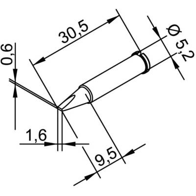 Dessin technique d'une pointe de fer à souder avec dimensions : longueur 30,5 mm, diamètre 5,2 mm, pointe 0,6 mm, tige 9,5 mm.