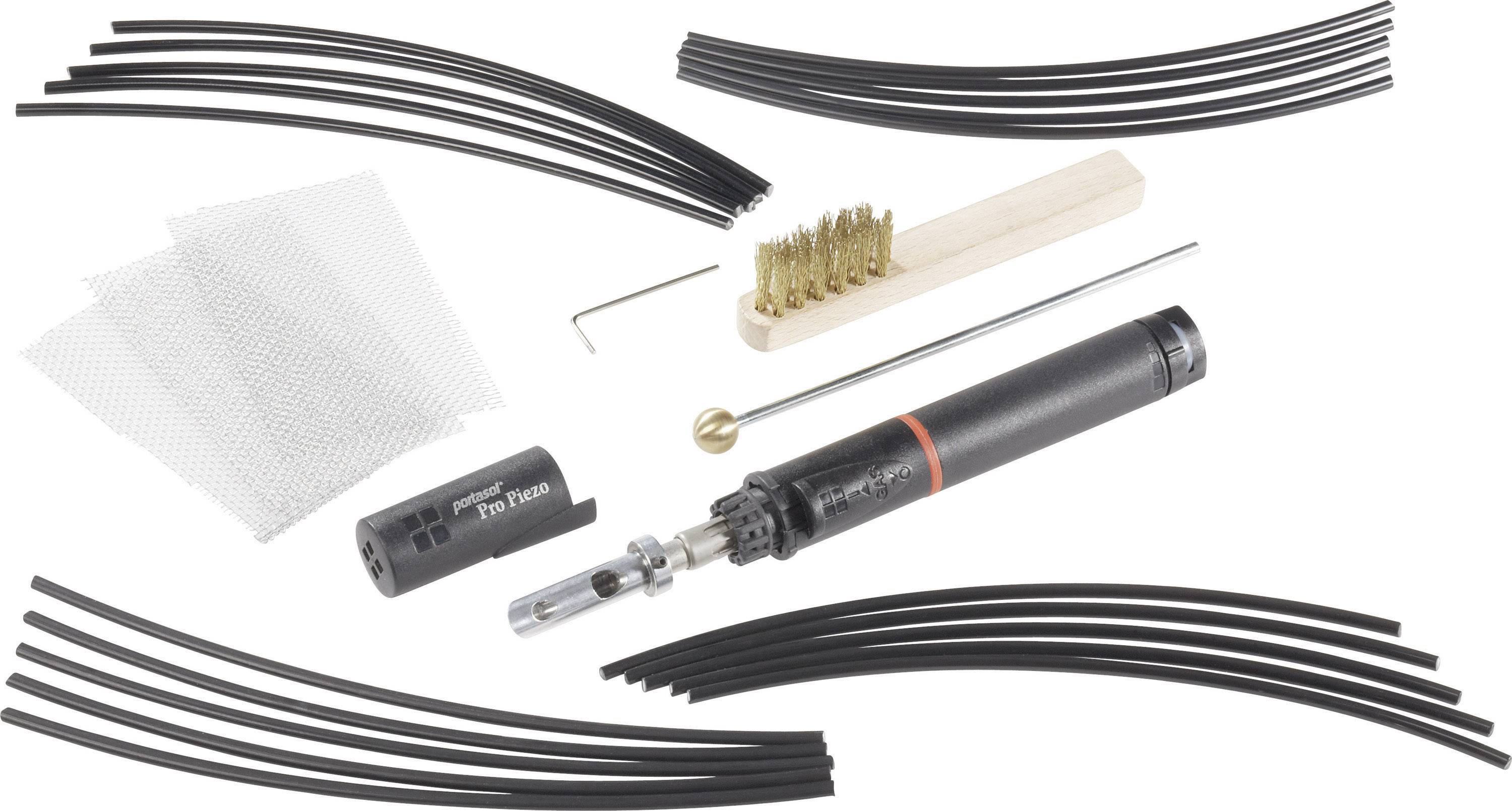 Kit de fer à souder avec accessoires : gaines thermorétractables, brosse métallique, embout de fer à souder, bobine de fil et filet de protection. Idéal pour les travaux de soudure.