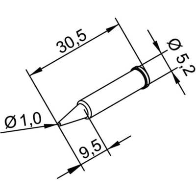 Diagramme d'un objet cylindrique avec les dimensions suivantes : longueur 30,5 mm, diamètre 5,2 mm et diamètre plus petit 1,0 mm.