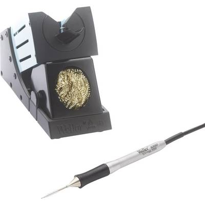 Fer à souder dans un support avec une boule de nettoyage en laiton. Adapté pour des travaux de soudure précis.