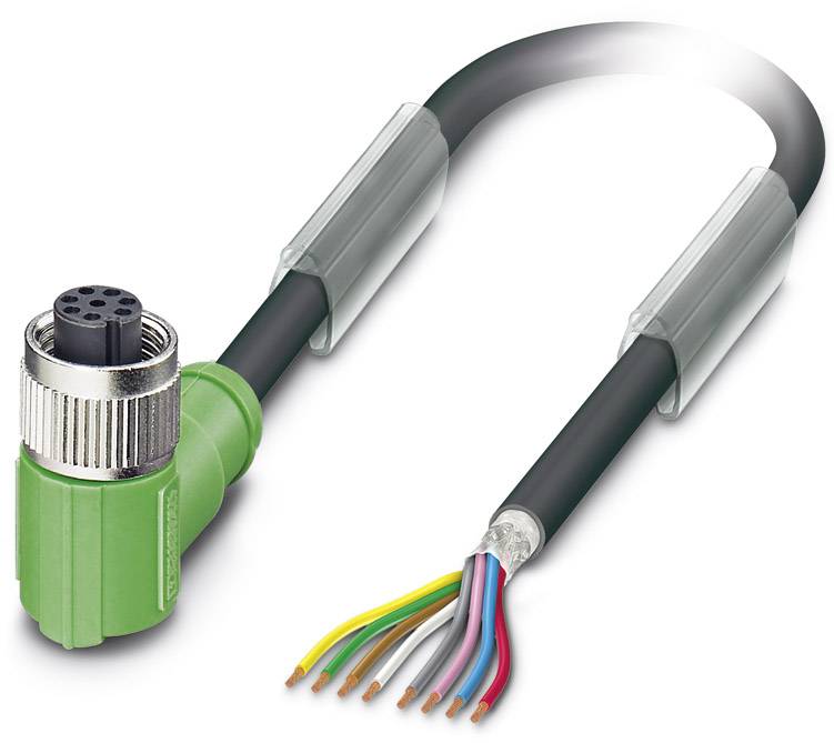 Câble enfichable vert avec des fils dénudés de différentes couleurs à l'extrémité, montrant les détails de connexion et de câblage.
