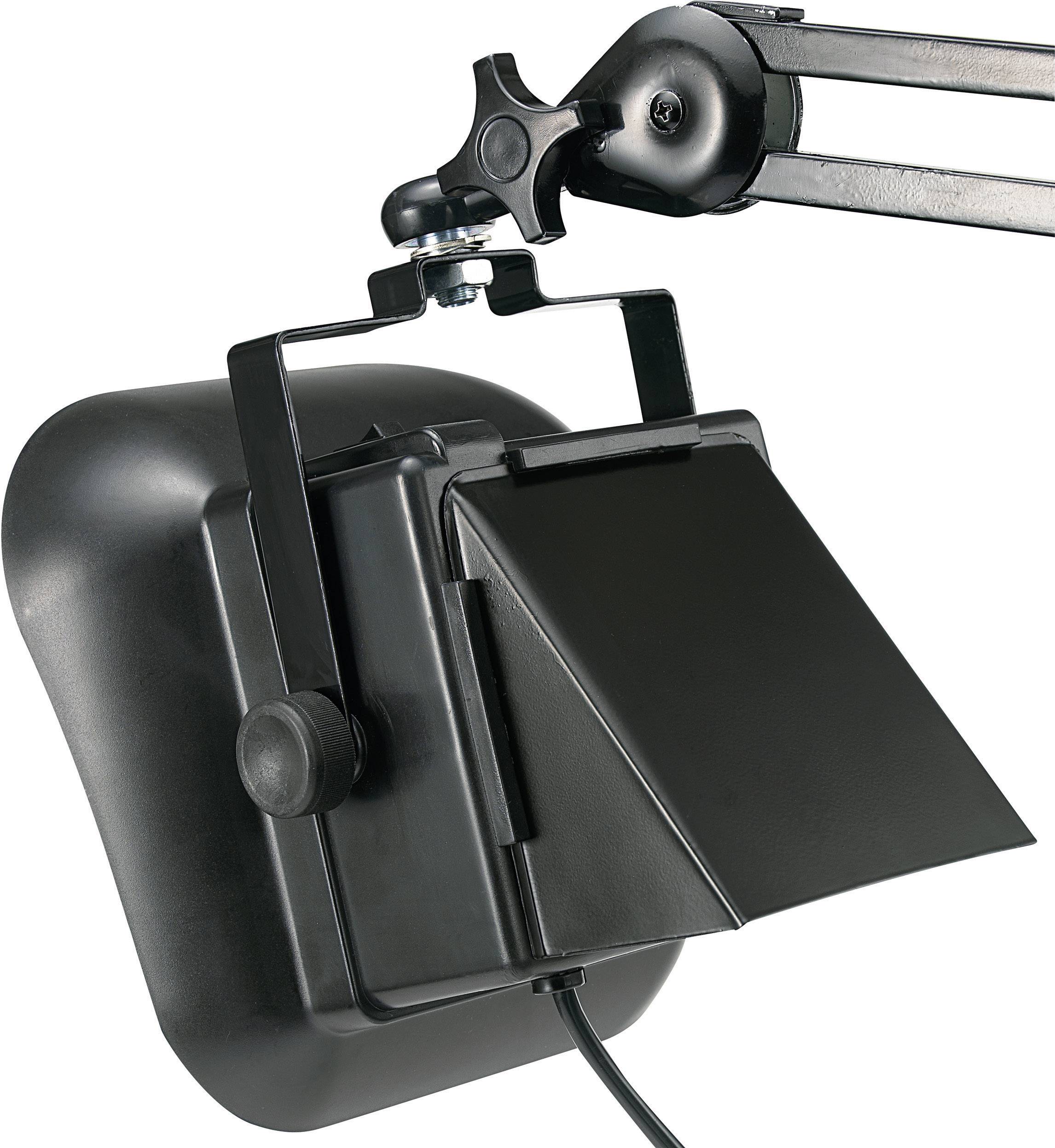 Lampe de bureau noire avec bras articulé et abat-jour rabattable, adaptée pour un éclairage ciblé.