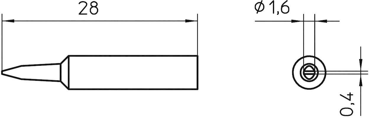 Diagramme de pointe à souder avec dimensions : Longueur 28 mm, diamètre de pointe 0,4 mm, diamètre total 1,6 mm. Représentation des vues latérale et frontale.
