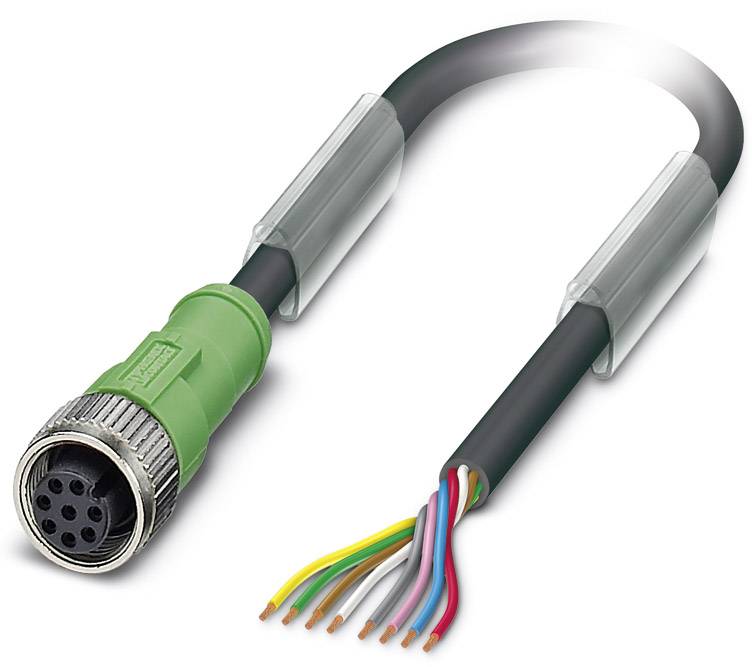 Un câble de connexion multibrins ouvert avec une douille de connecteur verte et un filetage métallique, montrant des conducteurs colorés pour illustrer la structure du câble.