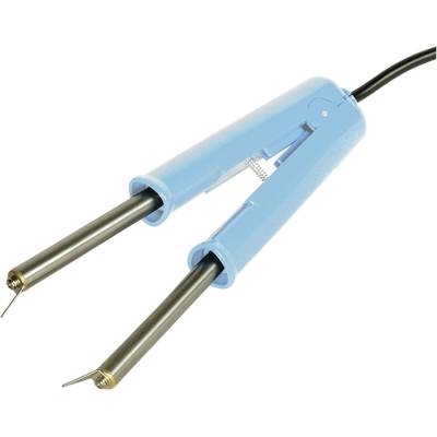 Un fer à souder transformateur bleu à main, doté de deux pointes, adapté pour souder avec précision de petits composants électroniques.