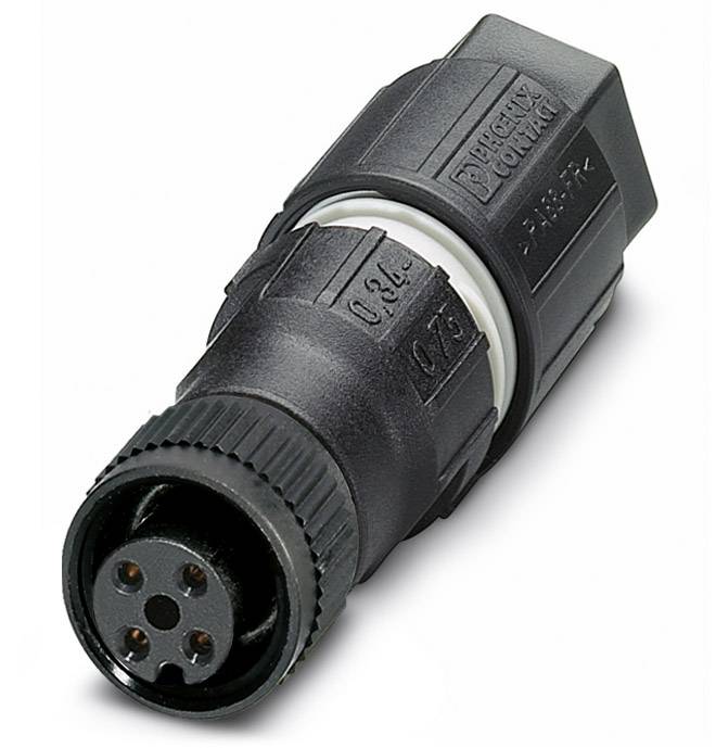 Connecteur circulaire Harting noir à cinq broches, typiquement utilisé pour des applications industrielles robustes ou des alimentations électriques.